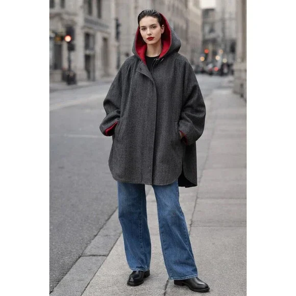 Vintage 90s Wool Hooded Swing Coat Cocoon Dolman Herringbone Small - Picture 1 of 14
